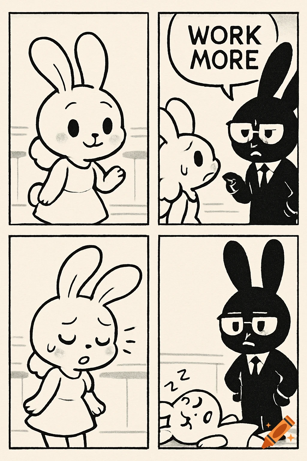 A four-panel black and white comic strip. A cute white bunny is told to 'WORK MORE' by a black bunny boss in a suit, then faints from exhaustion.