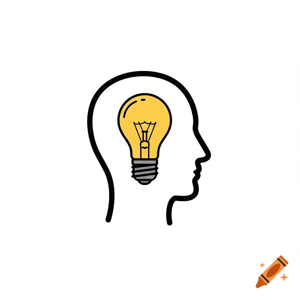 An icon showing the silhouette of a human head with a large yellow light bulb inside, symbolizing an idea.