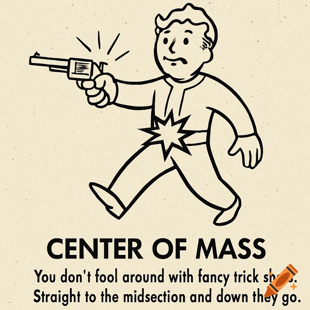 Cartoon illustration of Fallout's Vault Boy holding a pistol, with a starburst indicating a shot to his midsection, and text 'CENTER OF MASS'.