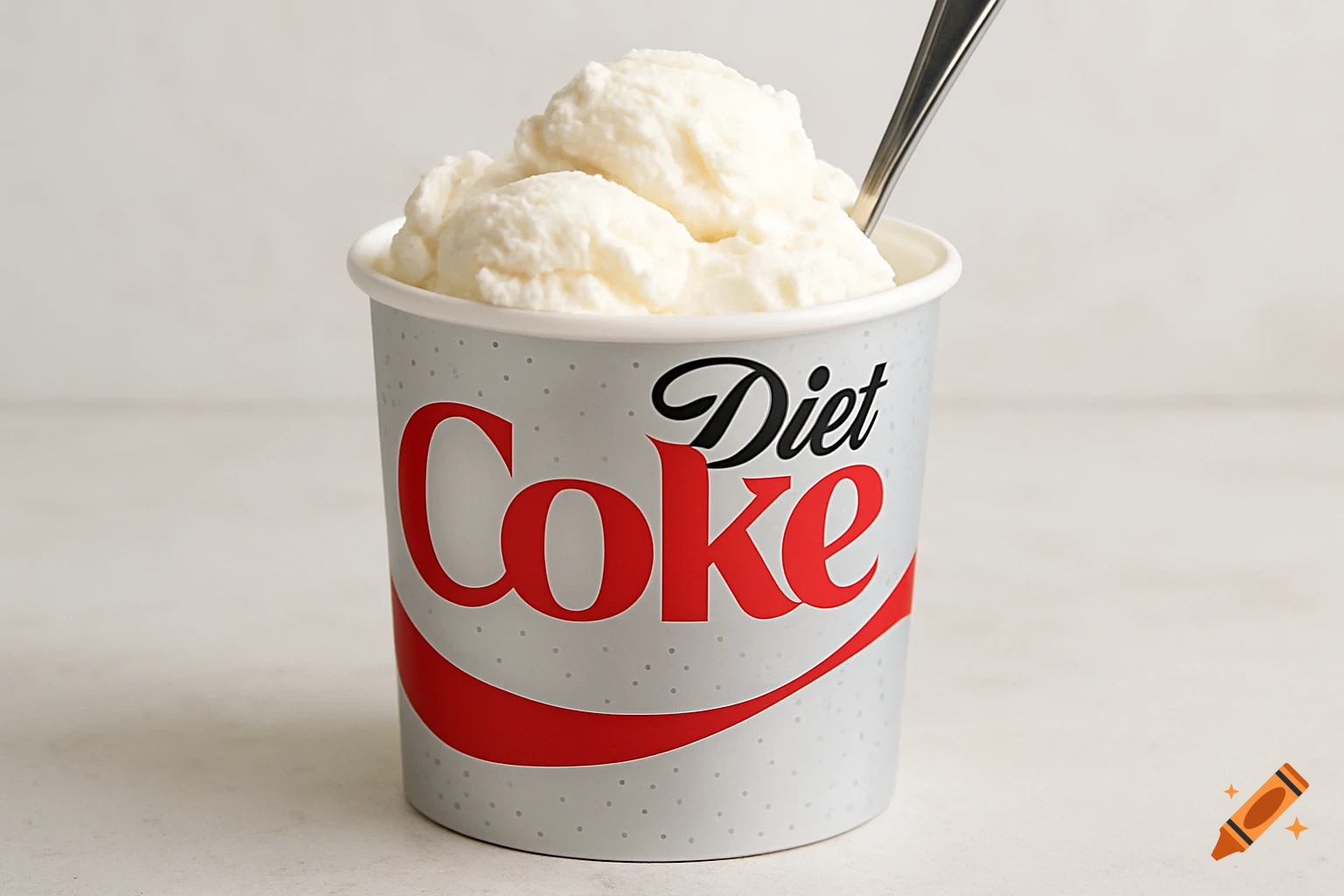 Scoops of vanilla ice cream in a Diet Coke branded cup with a spoon.