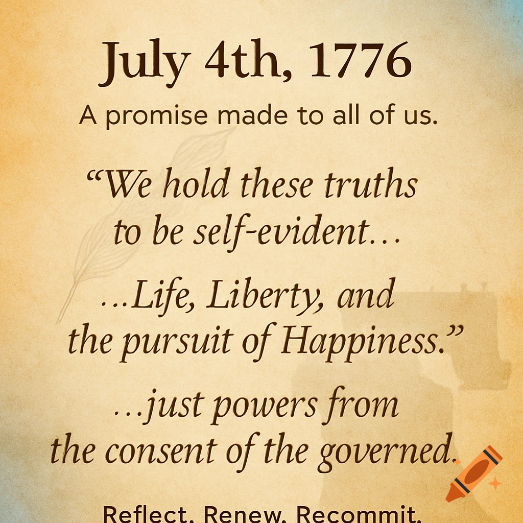Text on a parchment background reads 'July 4th, 1776. A promise made to all of us.' with quotes from the Declaration of Independence.