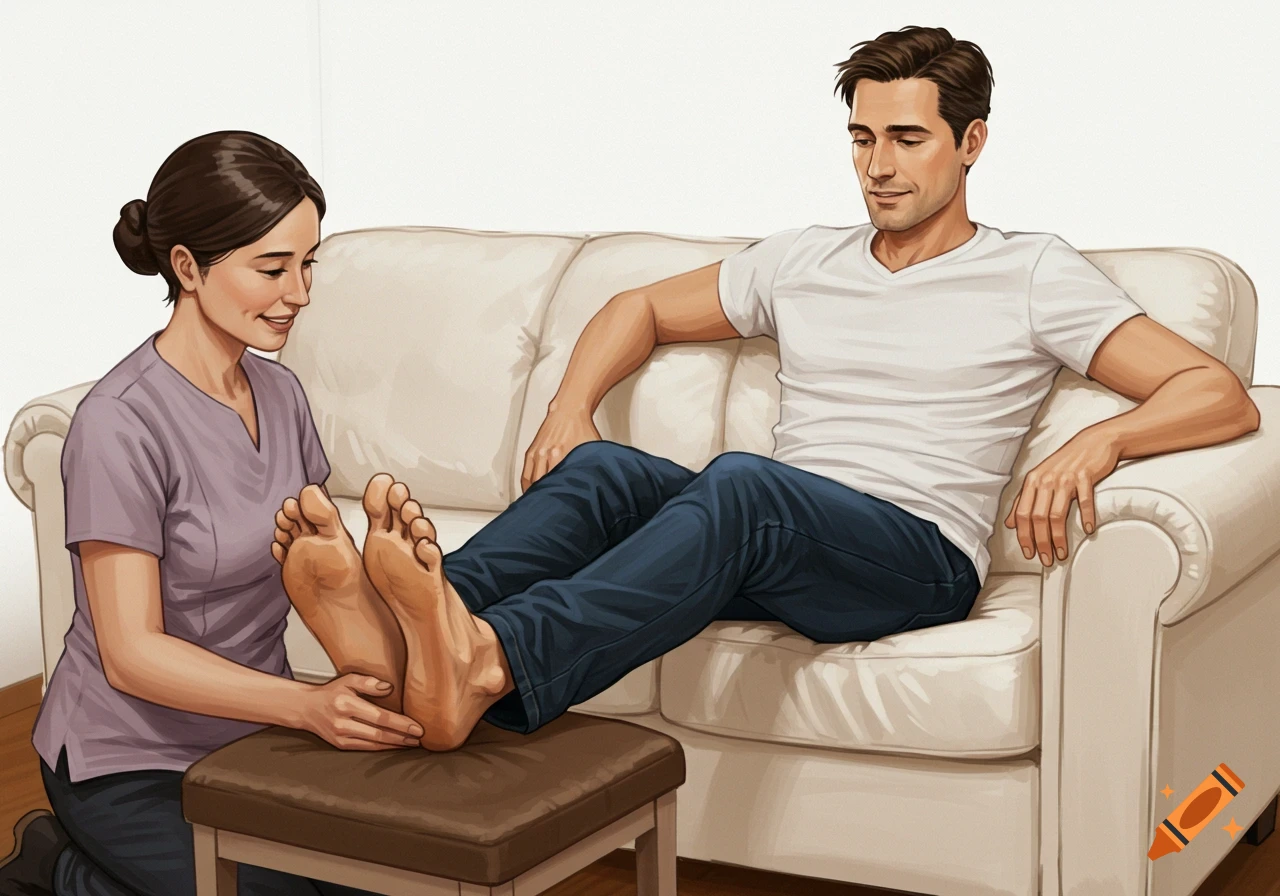 A woman in a purple top massages the feet of a man in a white t-shirt and blue jeans, who is seated on a white sofa. Illustration style.