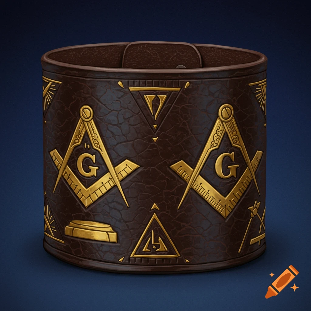 Brown embossed leather cuff bangle with golden masonic square and compass symbols.