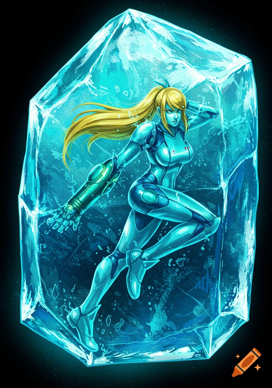 Zero Suit Samus, a female character in a blue sci-fi suit, is encased within a large glowing blue ice block.