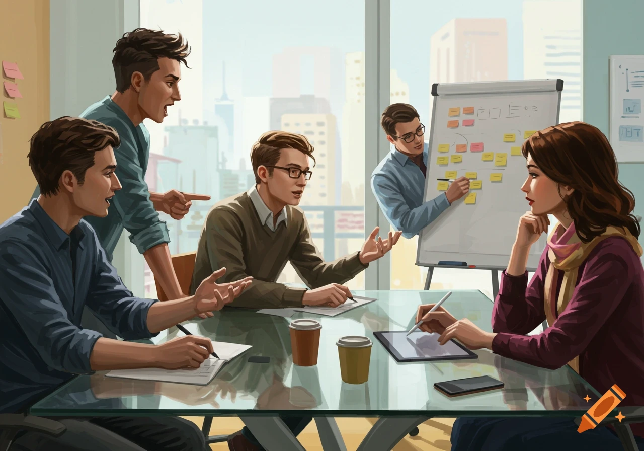 An illustration of four people, three men and one woman, brainstorming around a glass table in a modern office with city views. A whiteboard with sticky notes is in the background.