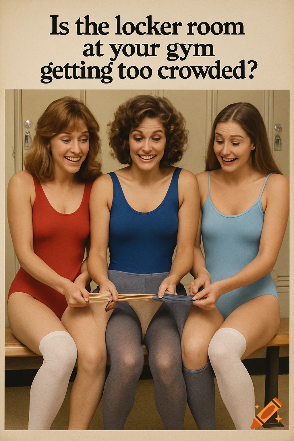 A vintage 1979 gym advertisement featuring three women in leotards in a locker room, tangled in a single pair of tights. Text reads: "Is the locker room at your gym getting too crowded?"