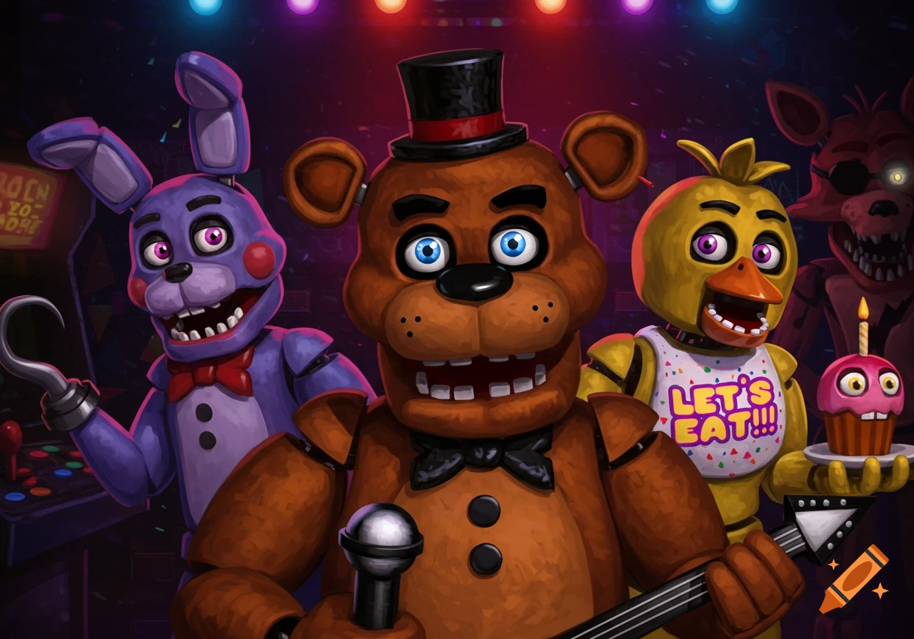 Illustrated characters from Five Nights at Freddy's: Freddy Fazbear, Bonnie, Chica, and Foxy standing together on a dark stage with lights.