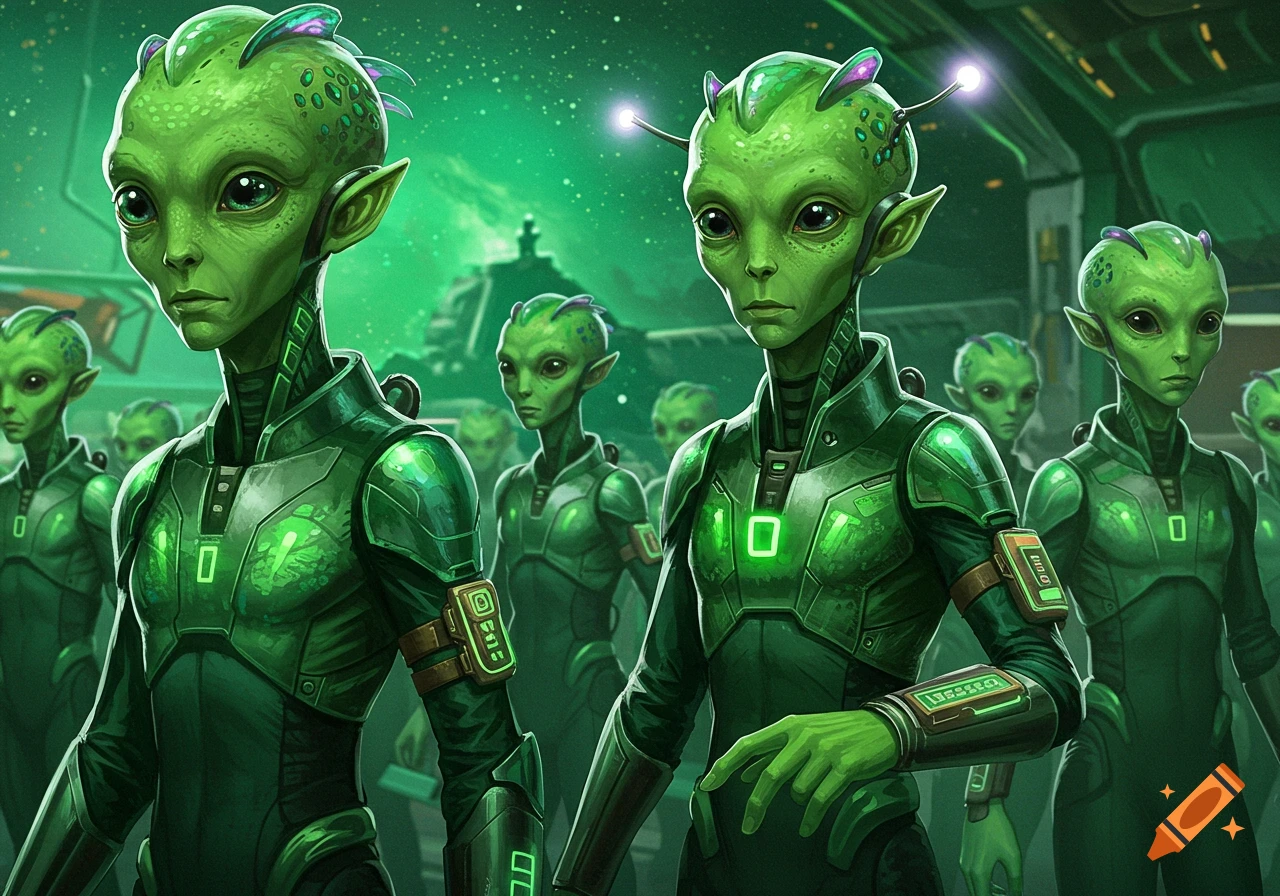 A group of green-skinned aliens in glowing green and black futuristic suits stand in a spaceship.