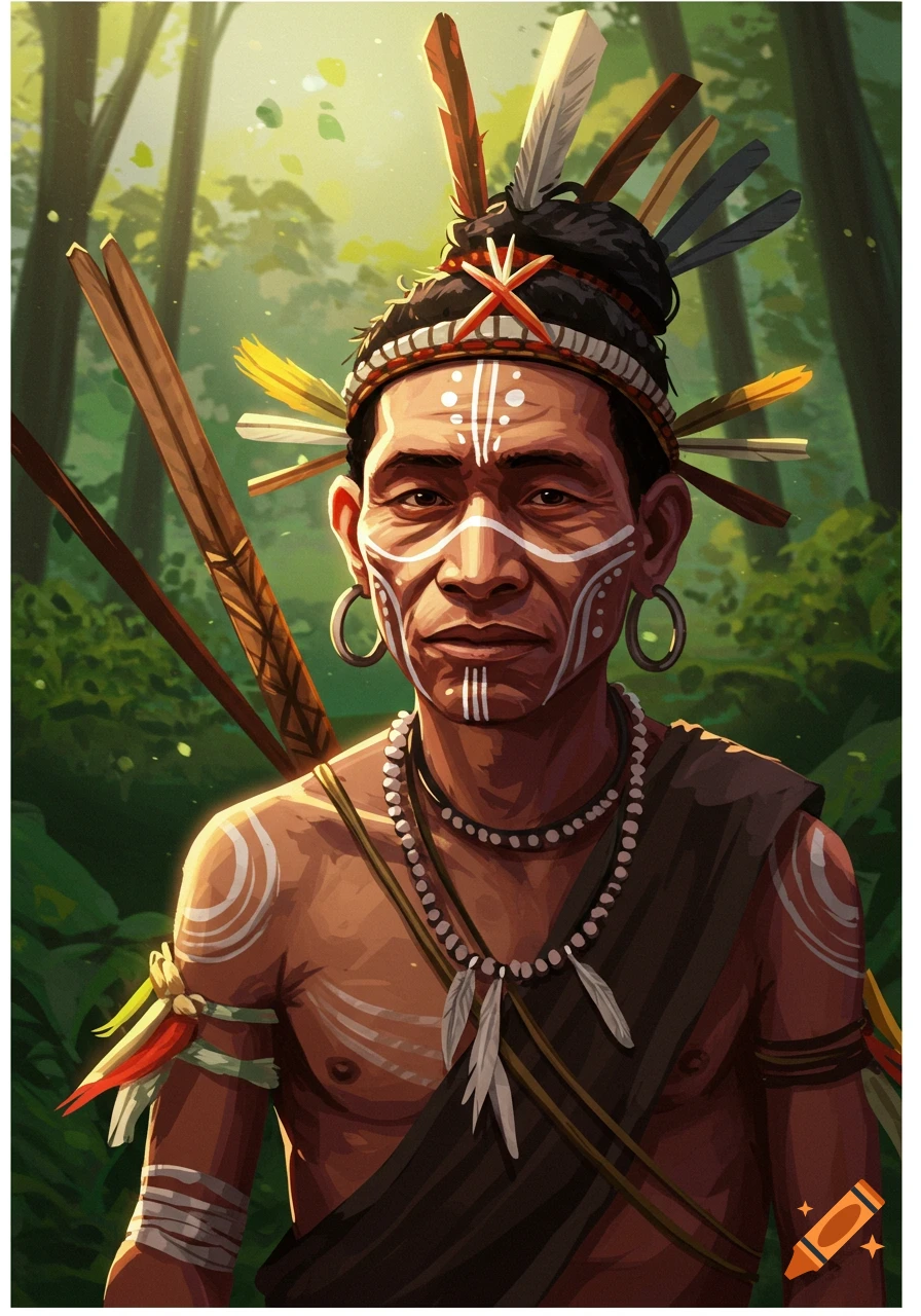 Portrait of a person with feathers, beads, and white body paint, in a forest setting. Illustrated style.