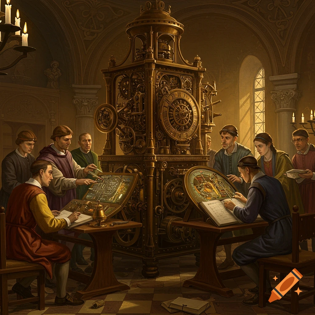 A group of people in an old-fashioned room examining a large, intricate brass clockwork machine, painted in a realistic style.