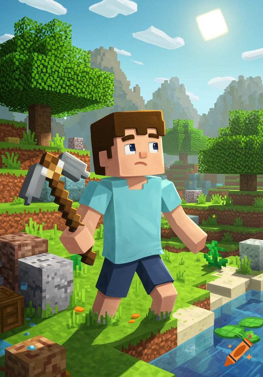 Minecraft style image of a boy holding a pickaxe in a blocky landscape with trees, water, and mountains under a sunny sky.