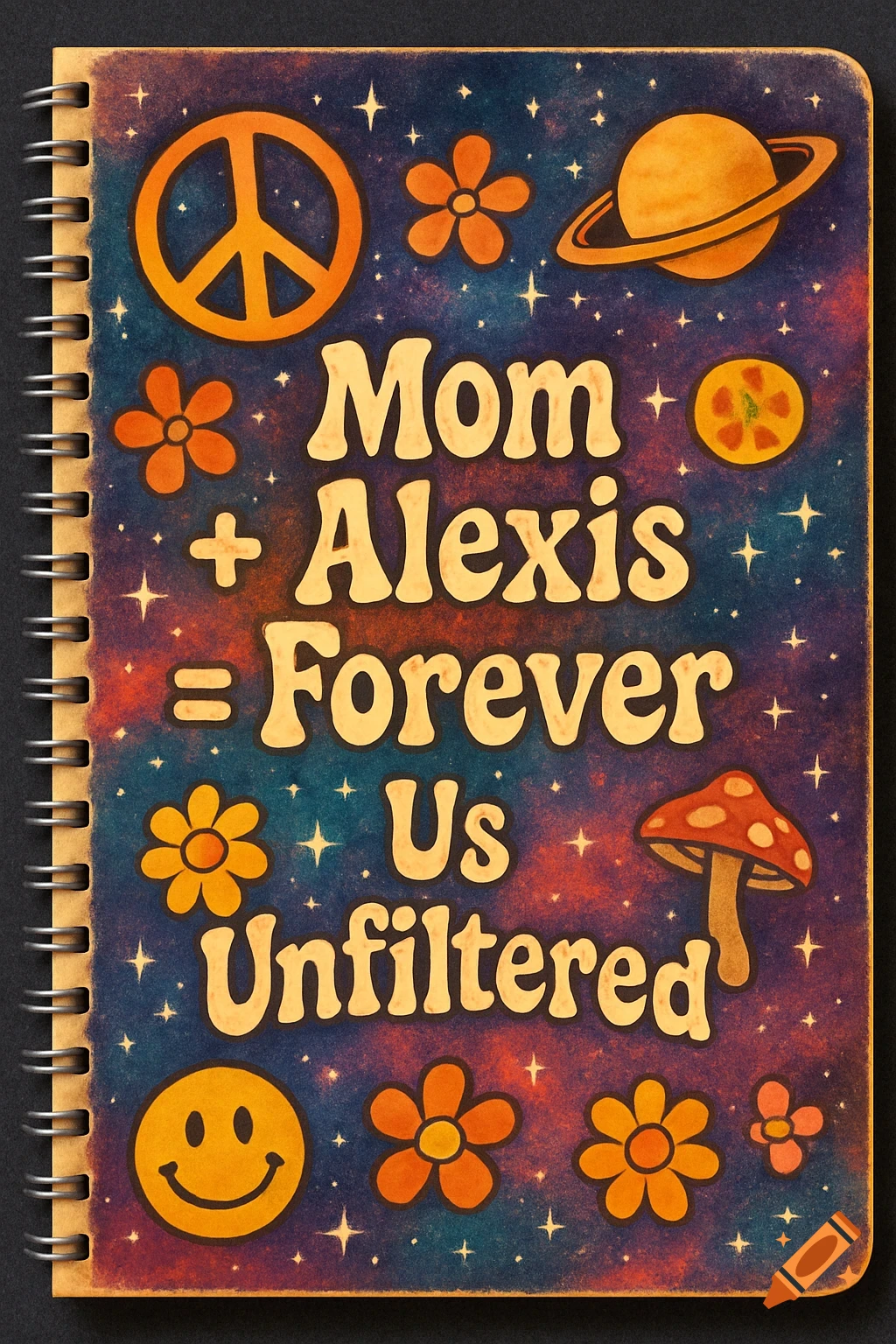 Retro, galaxy-themed notebook cover with peace sign, flowers, mushrooms, and 'Mom + Alexis = Forever Us Unfiltered' text.
