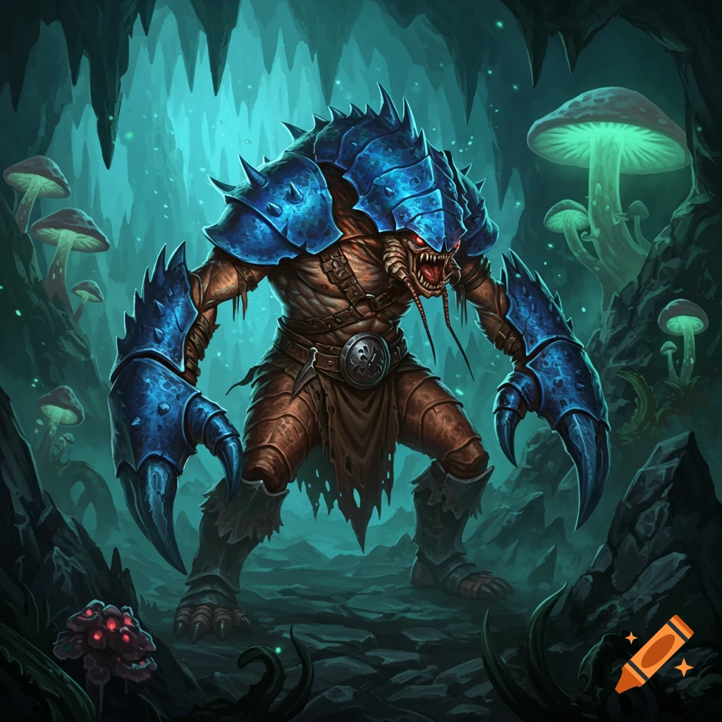 A monstrous creature resembling a barbarian and a horseshoe crab, with blue armor and large claws, stands in a dark, glowing cave with illuminated mushrooms.