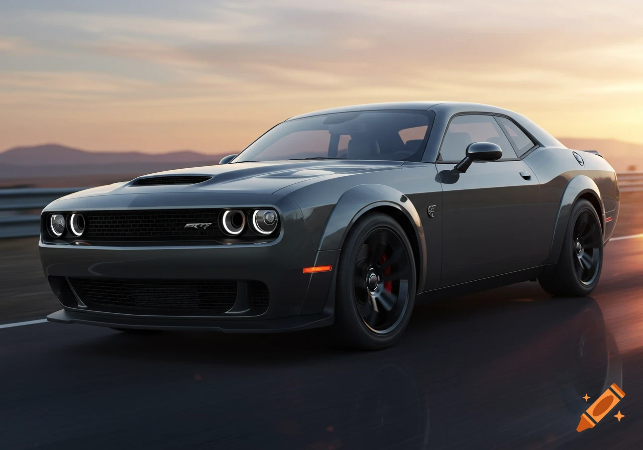 A dark gray Dodge Challenger SRT drives on a road with a sunset sky and mountains in the background.
