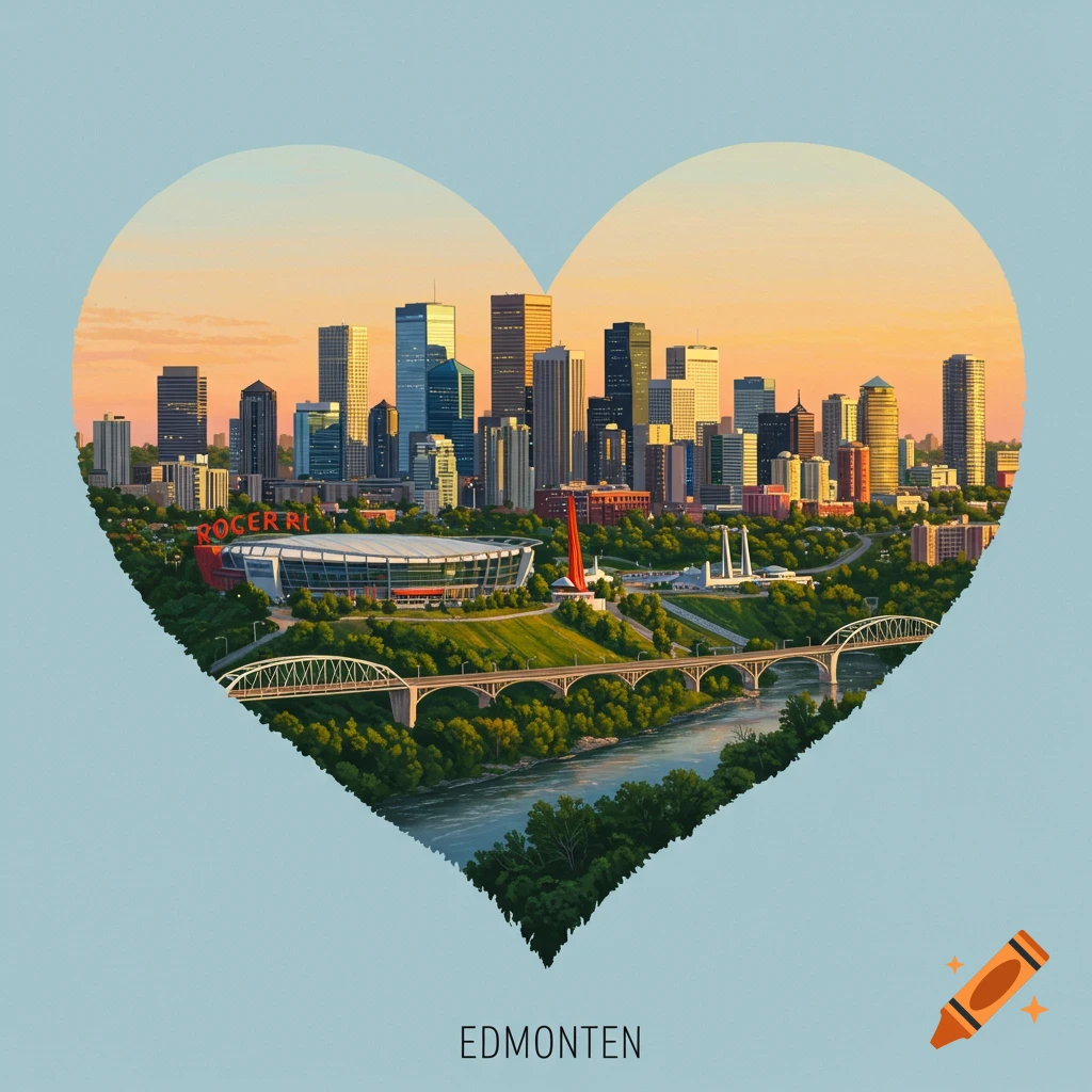 An illustrated cityscape of Edmonton, Canada, featuring the downtown skyline, a stadium, river, and bridges, all contained within a heart shape on a light blue background, with 'EDMONTON' text below.