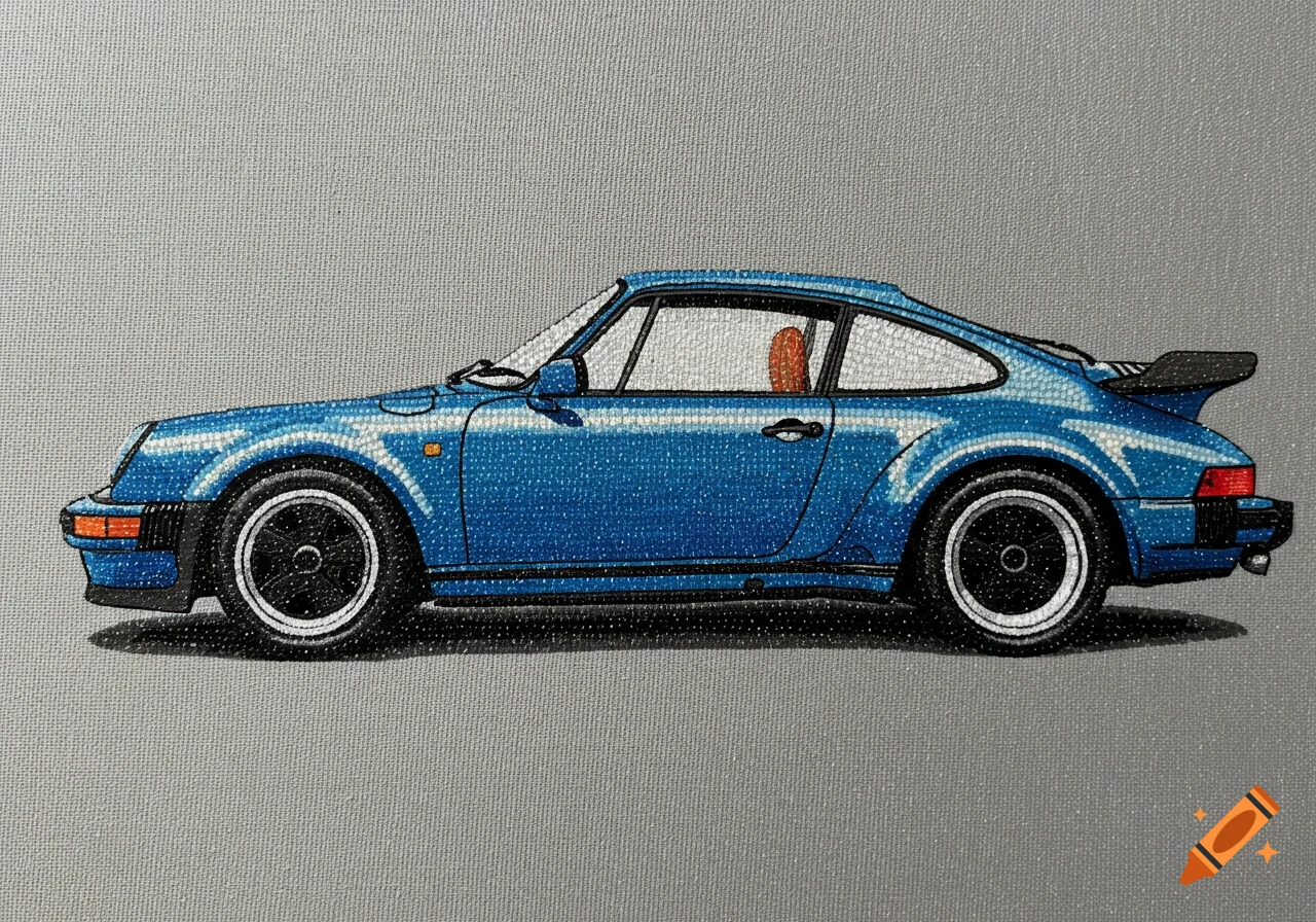 Side view of a blue Porsche 911 930 turbo in a diamond art painting style on a gray background.