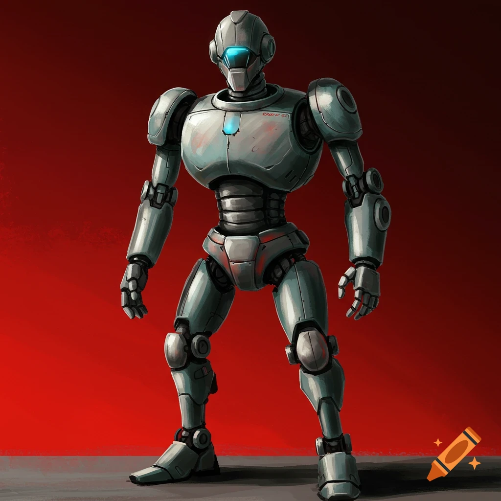 A grey robotic figure with a glowing blue visor stands against a dark red background.