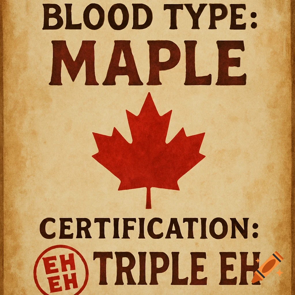 A vintage distressed poster with red text 'Blood Type: Maple' and a red maple leaf, with 'Certification: Triple Eh' below.