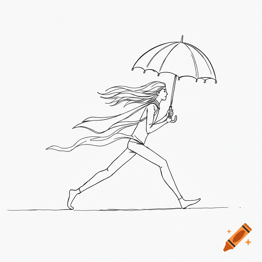 A line art drawing of a person running with an umbrella, their long hair and scarf blowing in the wind.