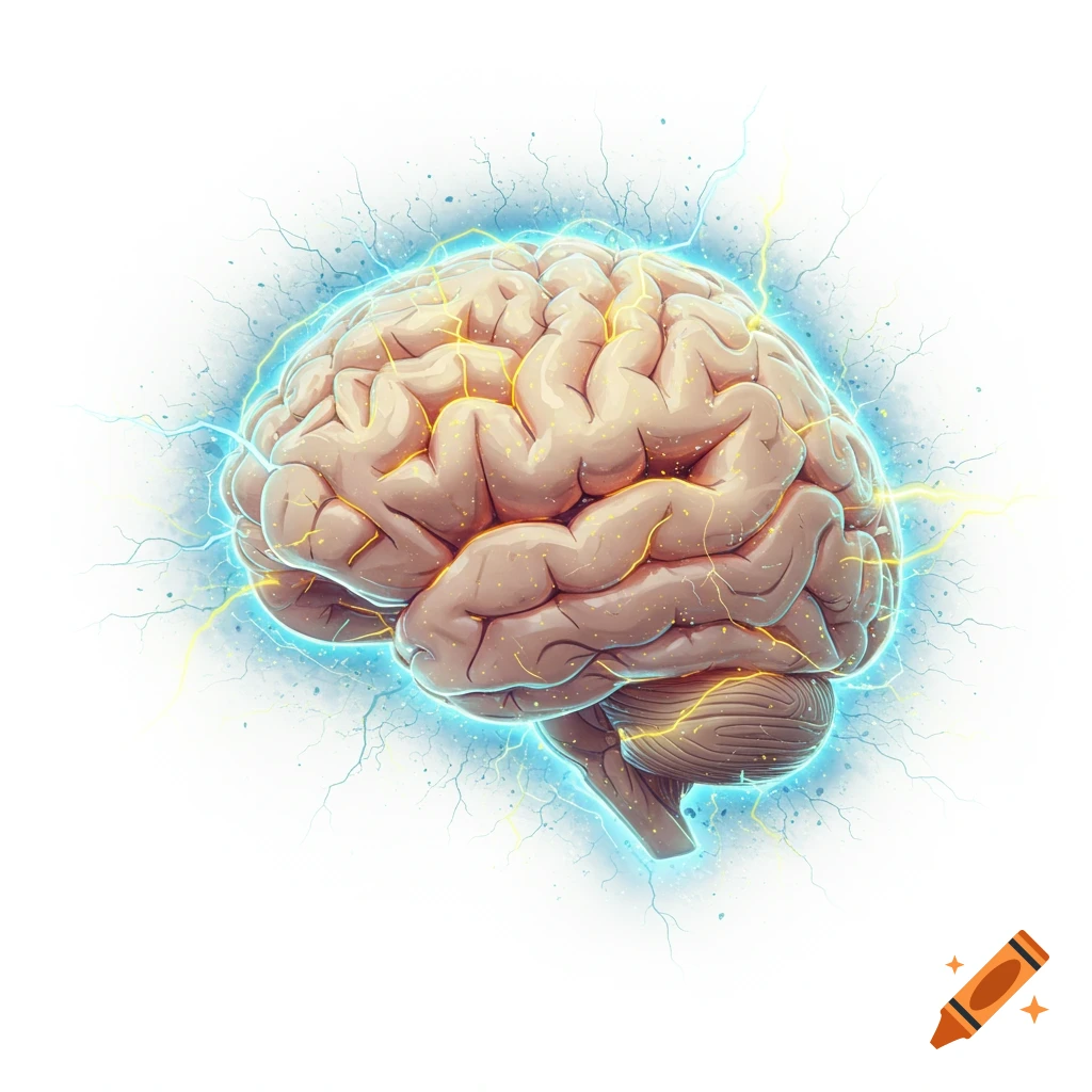 A human brain depicted with vibrant, glowing energy lines and electric blue and yellow aura, on a white background.