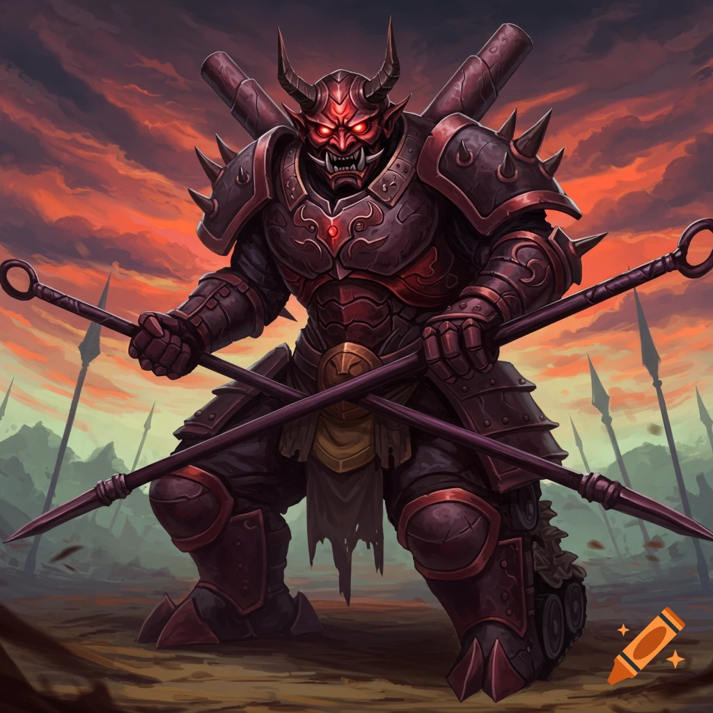 A menacing Oni guardian in red and black spiked armor with glowing red eyes, holding two crossed polearms against a fiery sky.