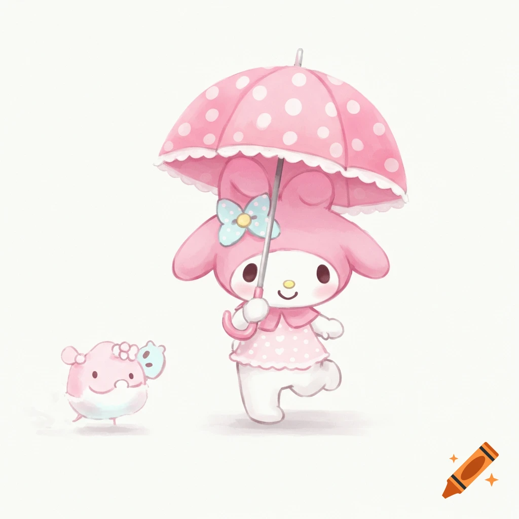My Melody, a pink rabbit character, holding a pink polka-dot umbrella, running with a small creature in watercolor style on a white background.