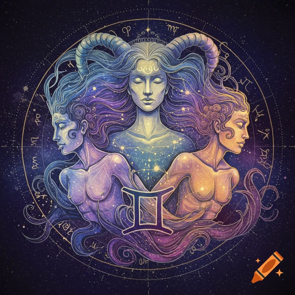 A colorful, stylized illustration of three cosmic figures, one central and two flanking, set against a dark starry background within a zodiac wheel.