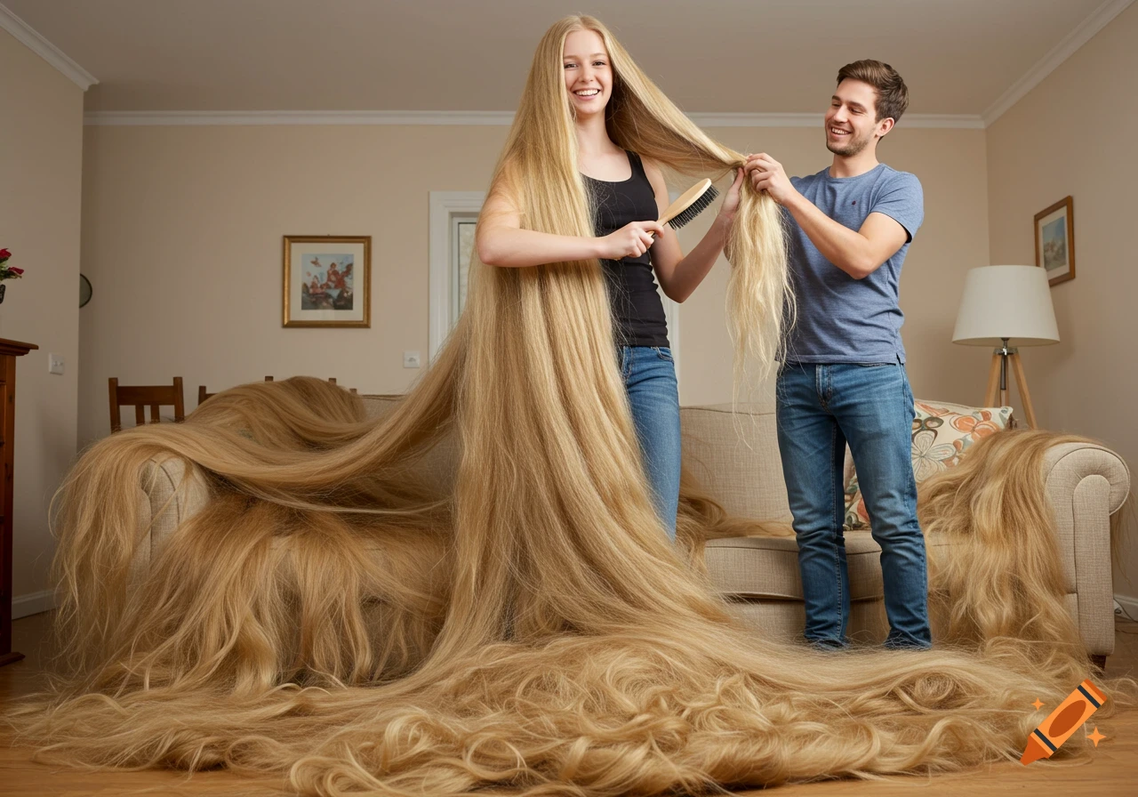 A woman with extremely long blonde hair brushes it in a living room while a man plays with her hair. The hair covers the couch and floor.