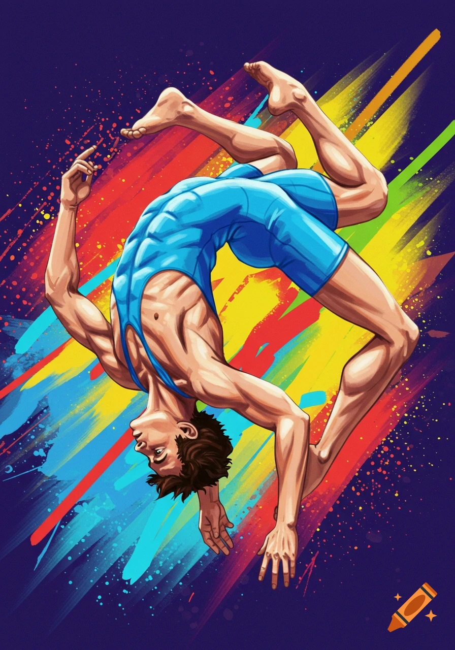 A male athlete in a blue singlet performs a dynamic backflip against a vibrant, colorful splash background in an illustration style.