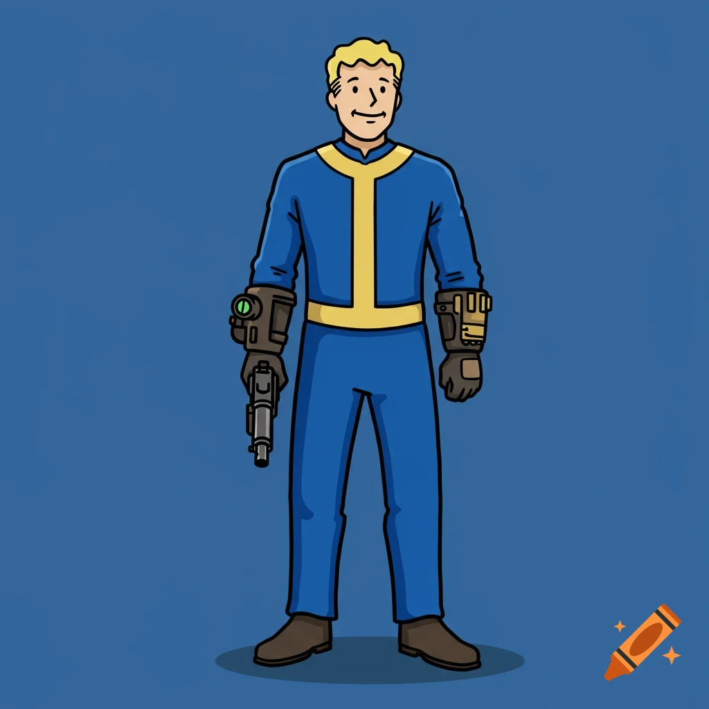 A cartoon man resembling Vault Boy from Fallout in a blue and yellow jumpsuit holding a gun against a blue background.