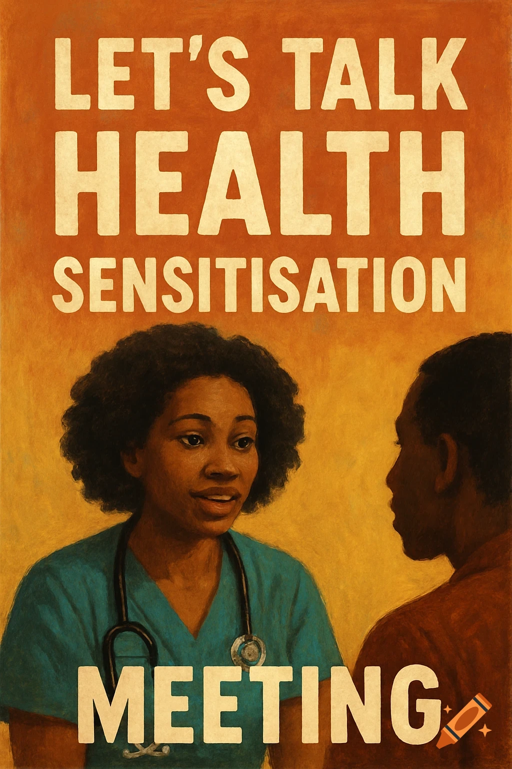 A retro-style poster of a woman in medical scrubs with a stethoscope speaking to a man, with text "LET'S TALK HEALTH SENSITISATION MEETING".