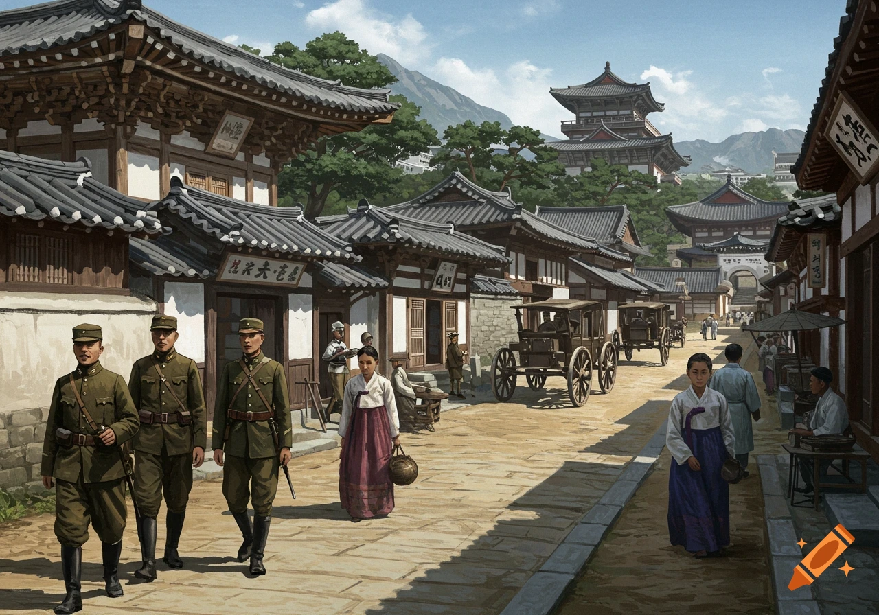 An old-fashioned East Asian street scene with traditional buildings, three soldiers, people in traditional clothing, and horse-drawn carriages under a cloudy sky.
