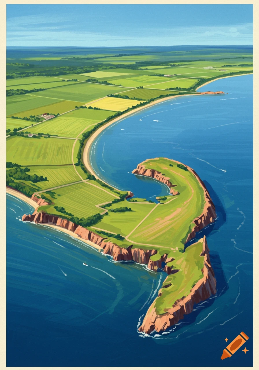 Illustrative aerial view of a green landscape with farmland, a sandy beach, and rugged cliffs along a blue coastline.