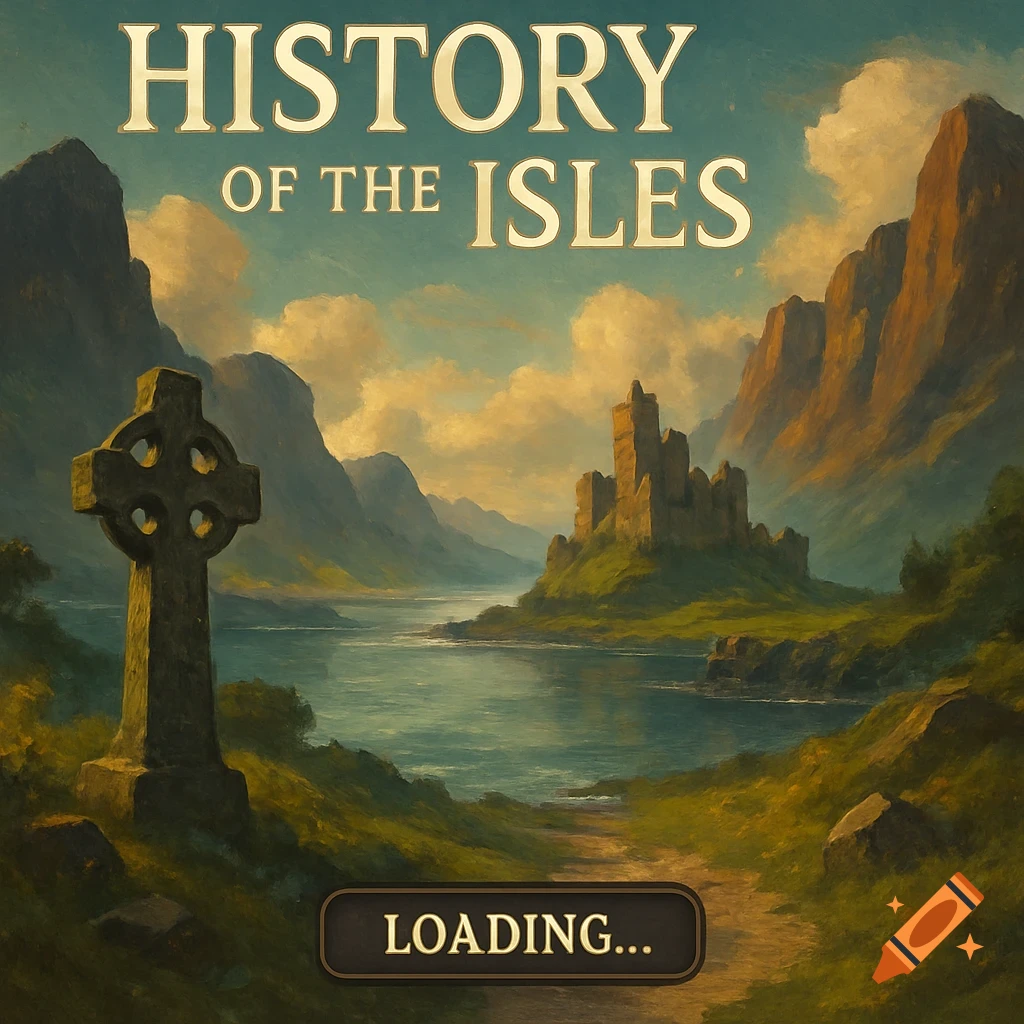 Painterly landscape featuring a Celtic cross, a lake, and an island castle. Text reads 'HISTORY OF THE ISLES' and 'LOADING...'.