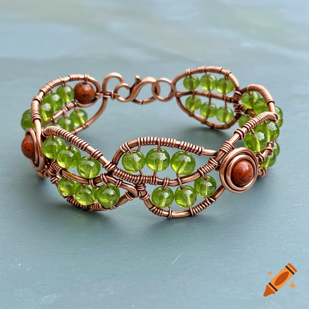 A close-up shot of a handcrafted copper wire bracelet featuring multiple rows of small green peridot beads and a few larger reddish-brown jasper beads.