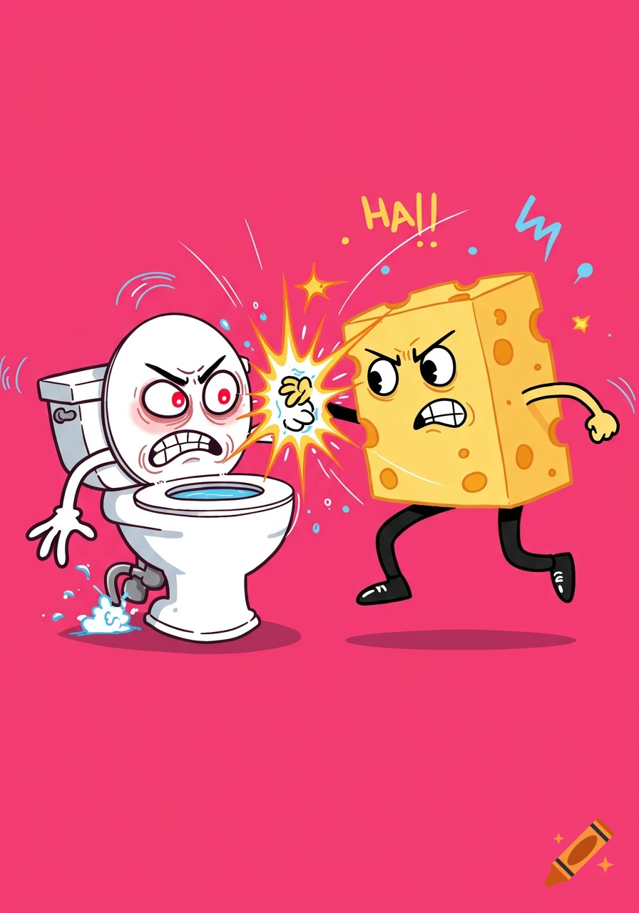 A cartoon toilet and a block of cheese, both with angry faces, punch each other in a dynamic, colorful illustration.