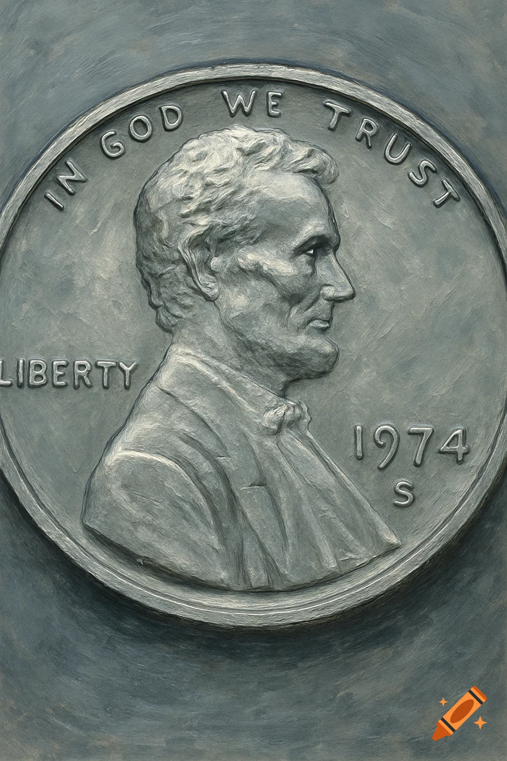 Close-up of the obverse side of a grey Lincoln penny, featuring Abraham Lincoln's profile and the text "IN GOD WE TRUST", "LIBERTY", and "1974 S". The image has a textured, sculptural appearance.