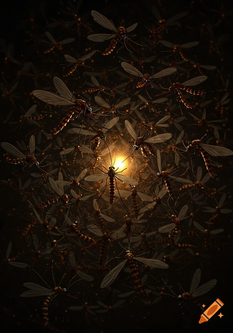 A dense swarm of mosquitos illuminated by a bright central light source in a dark setting.