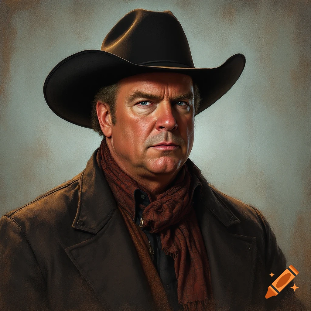 A photorealistic portrait of a serious-looking man wearing a black cowboy hat, a dark brown coat, and a rust-colored scarf.