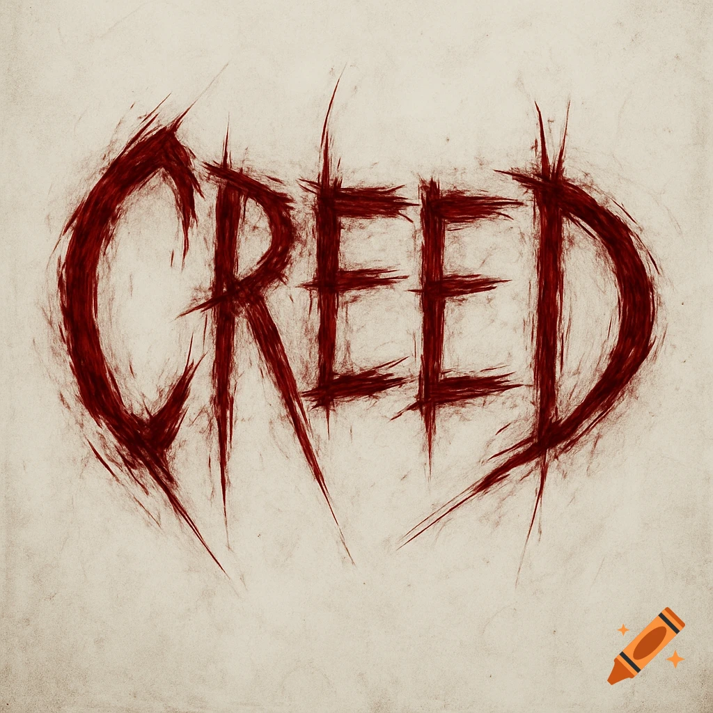 The word 'CREED' is rendered in a sinister, scratchy red font against a light, textured background.