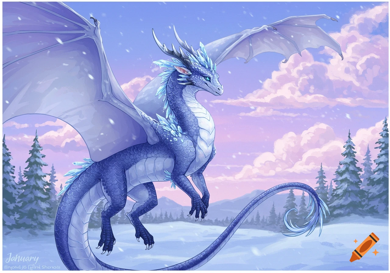 A majestic blue ice dragon with large white wings flying over a snowy landscape with pine trees and pink clouds in the sky, during a snowfall.