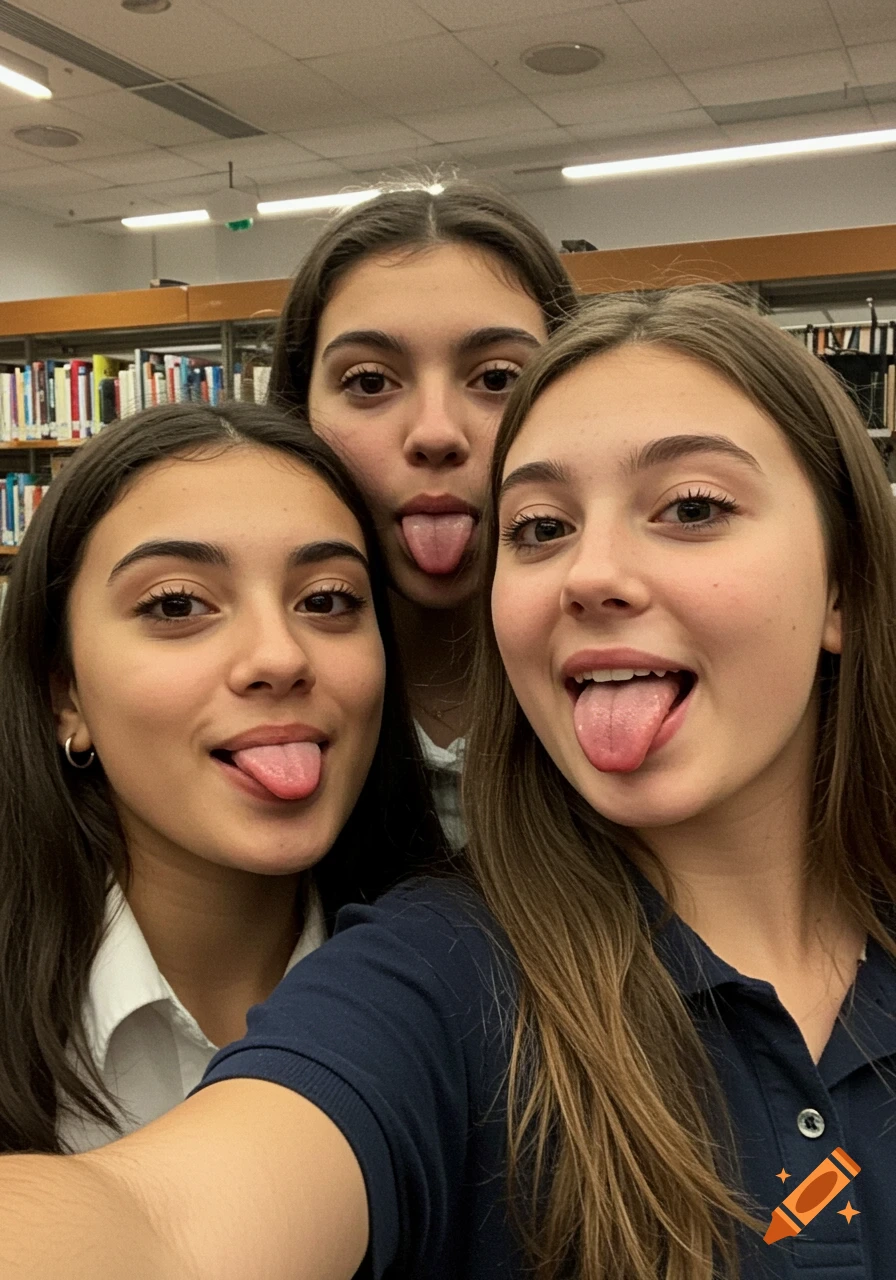 Three teenage girls take a playful selfie in a library, sticking out their tongues with bookshelves in the background.