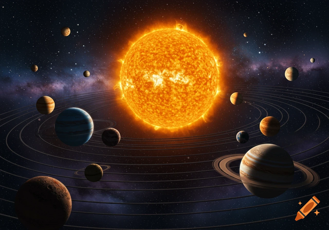 A vibrant illustration of the solar system with the sun at the center ...