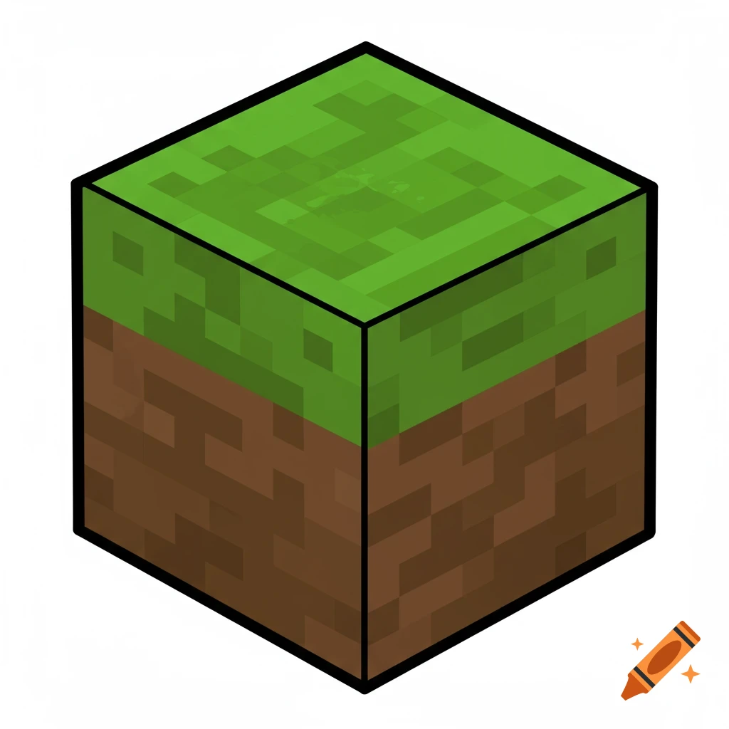 A pixelated green grass block with brown dirt underneath, reminiscent of the game Minecraft, on a white background.