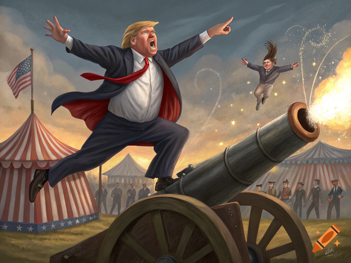 Caricature illustration of Donald Trump running atop a circus cannon as a small figure is shot into the sky.