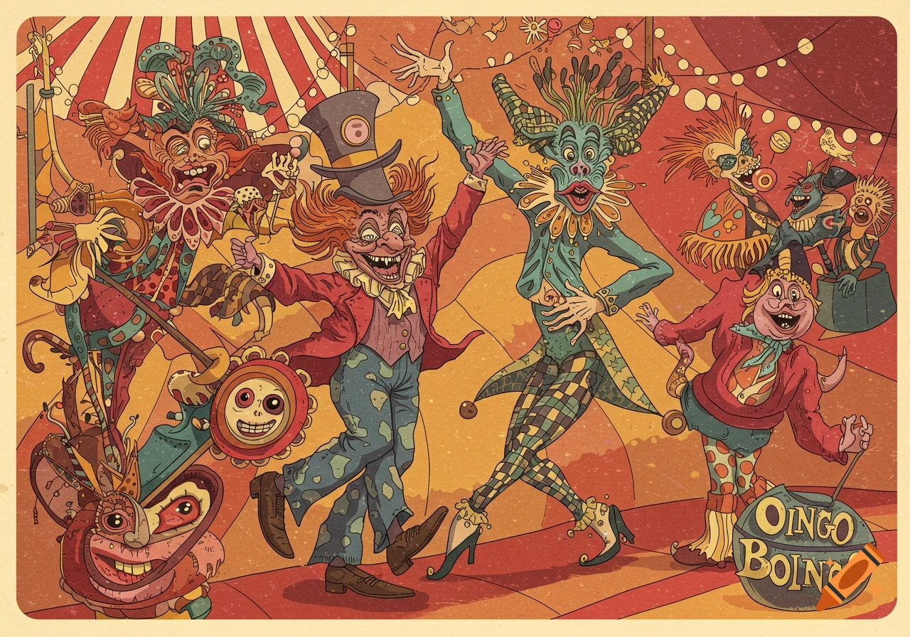 An illustration in the style of Oingo Boingo, featuring several grotesque, clown-like figures dancing and playing instruments in a circus tent.