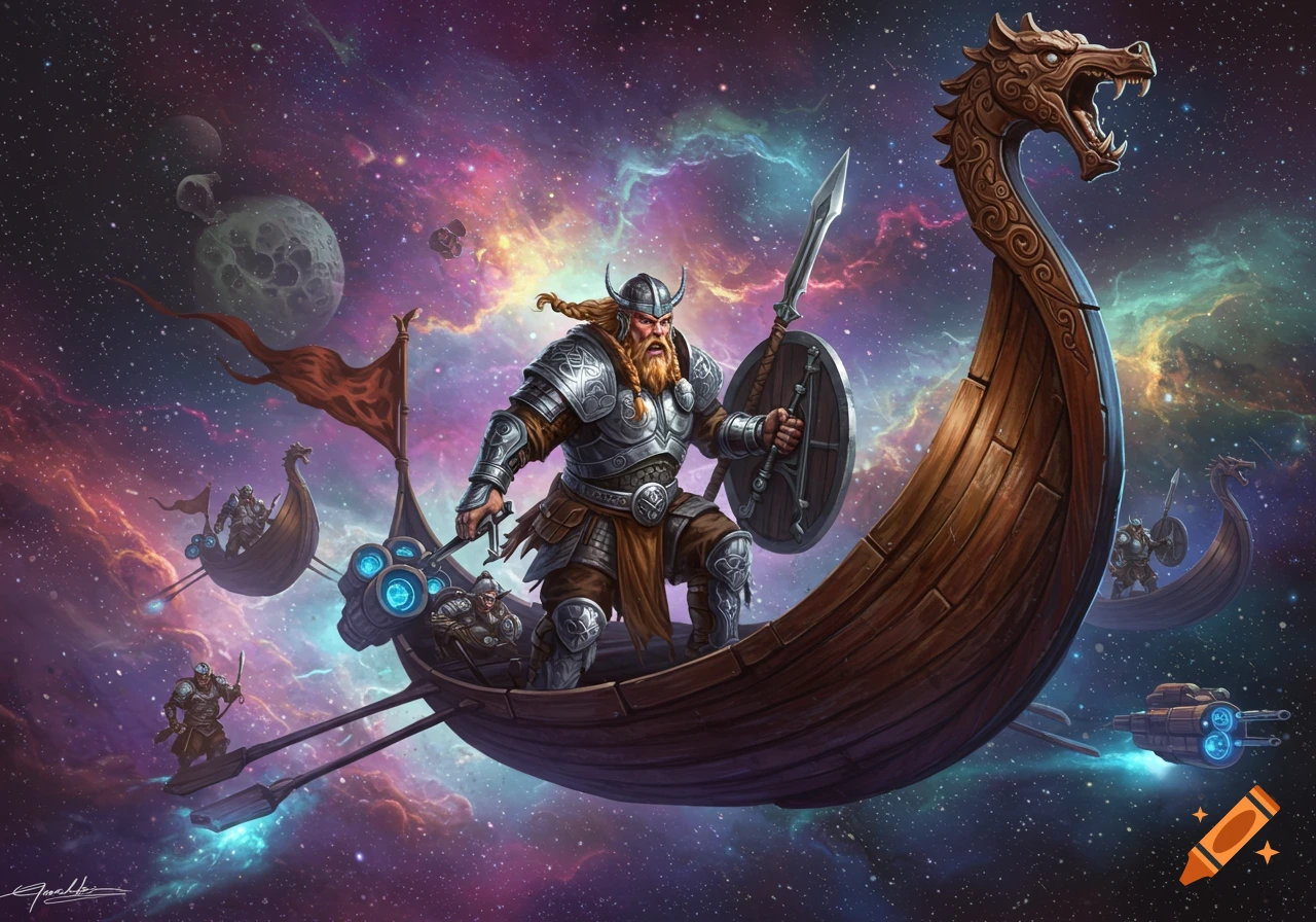 A Viking warrior stands on a flying longship, sailing through a colorful galaxy. Other Viking ships are visible in the background.