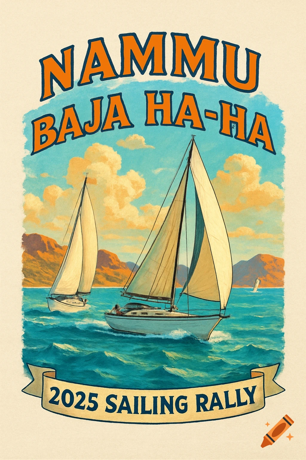 Vintage-style graphic of two sailboats on choppy blue water with orange mountains under a partly cloudy sky. Orange text reads 'NAMMU BAJA HA-HA' and '2025 SAILING RALLY'.