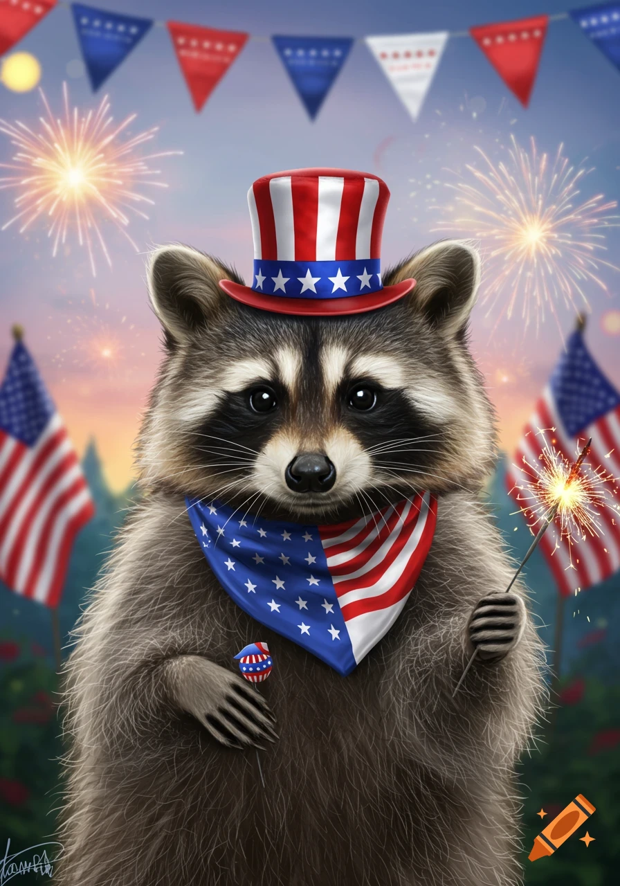 A realistic raccoon in an Uncle Sam hat and patriotic bandana holds a sparkler, with fireworks and American flags in the background.