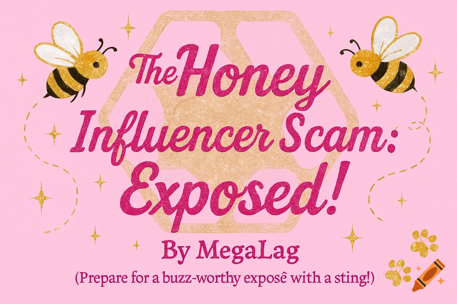 A pink graphic with gold glittery text 'The Honey Influencer Scam: Exposed!' and two cartoon bees flying, with sparkly stars and paw prints.